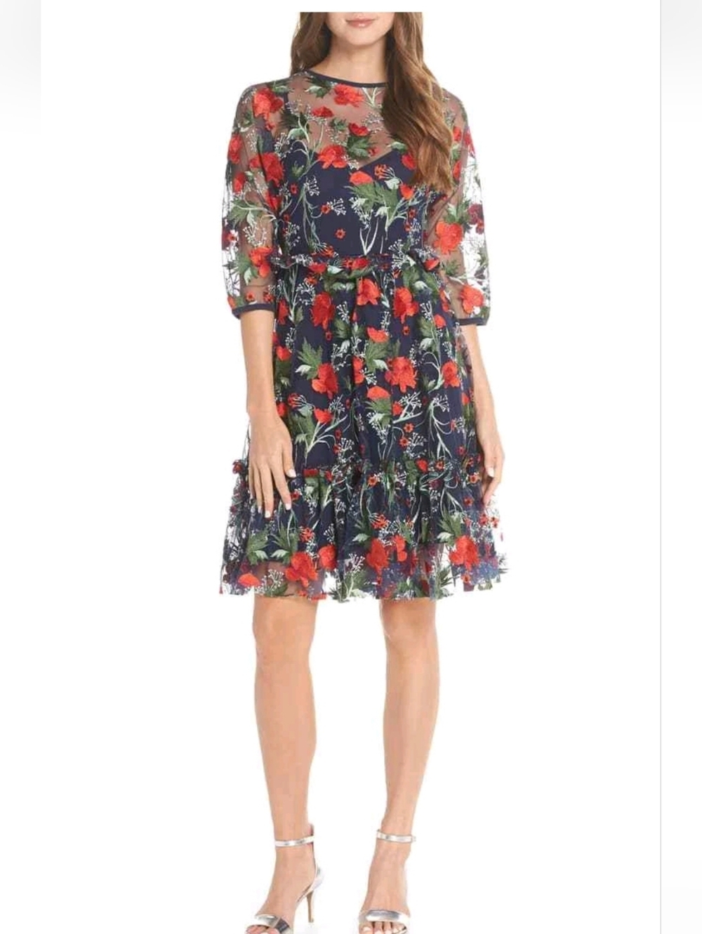 1901 Embroidered Mesh Fit & Flare Dress Sz 6P NWT